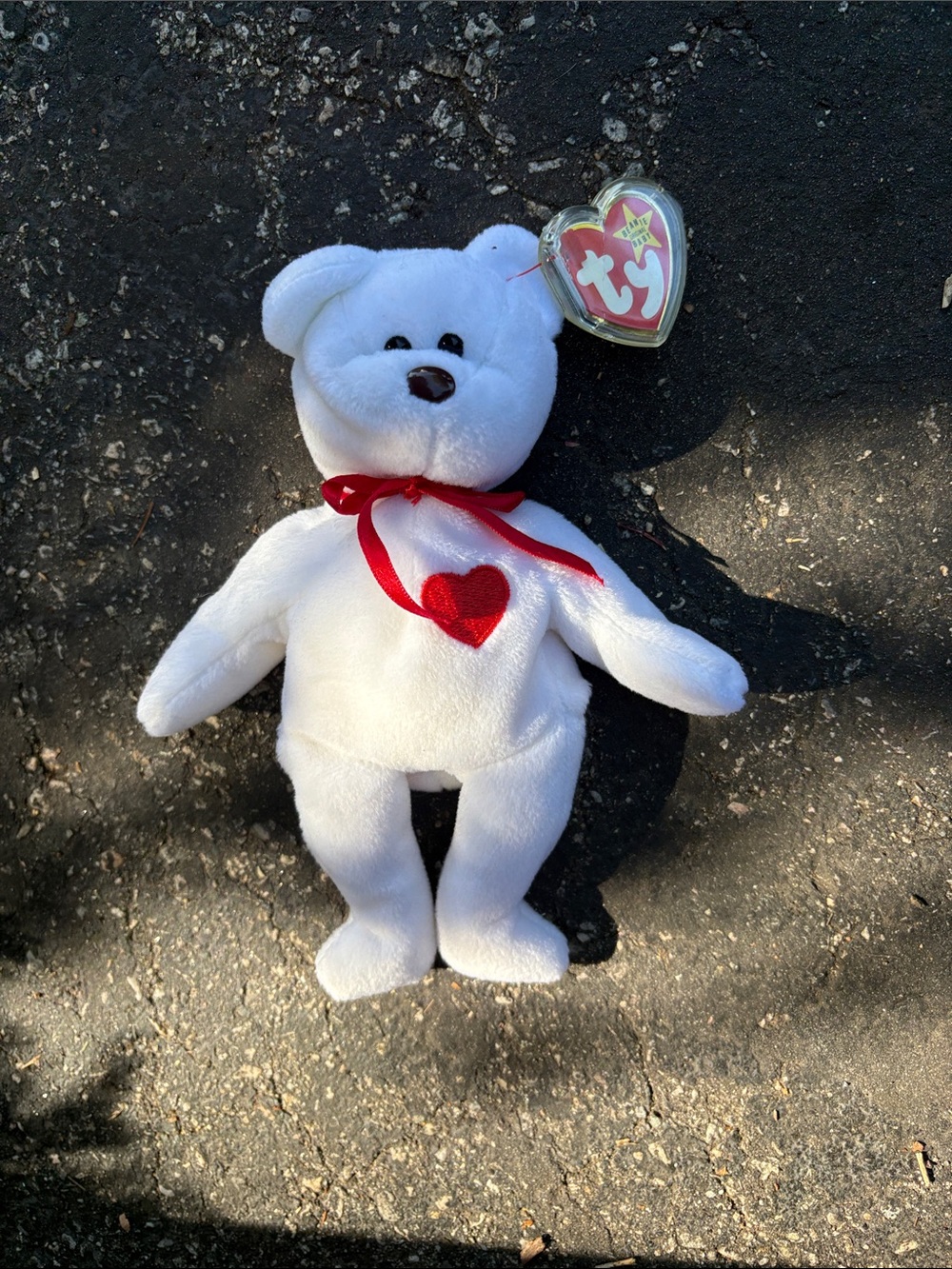 Ty White Plush Bear with Red Heart and Ribbon